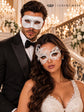 White Swan Lace Mask for Women with White Glitter Venetian Mask for Men | All White Masquerade Couple Masks - product image 2