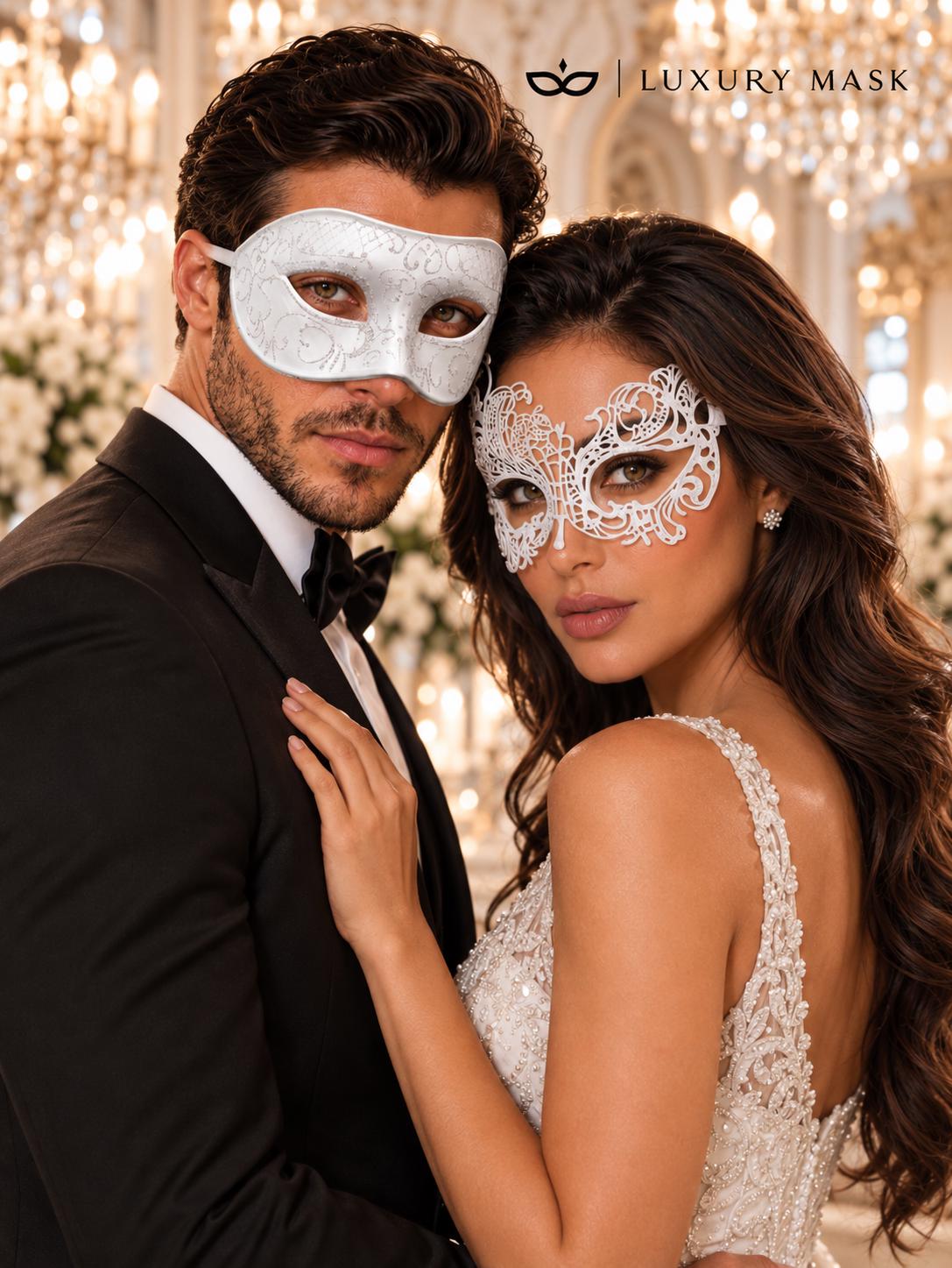 White Swan Lace Mask for Women with White Glitter Venetian Mask for Men | All White Masquerade Couple Masks - product image 3