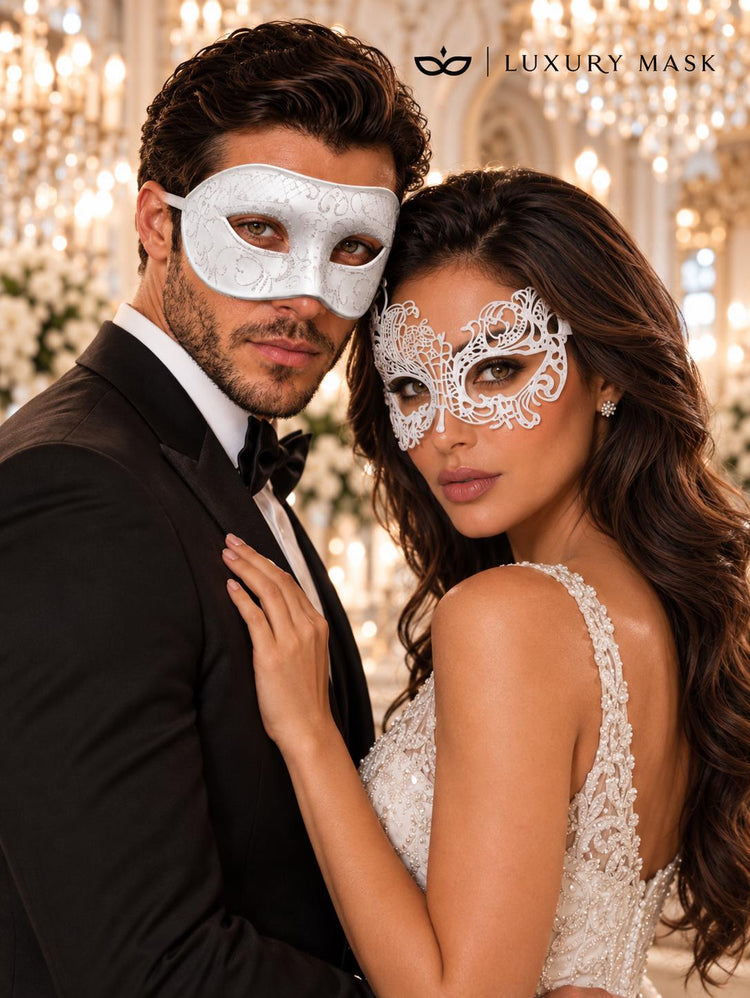 White Swan Lace Mask for Women with White Glitter Venetian Mask for Men | All White Masquerade Couple Masks - product image 3