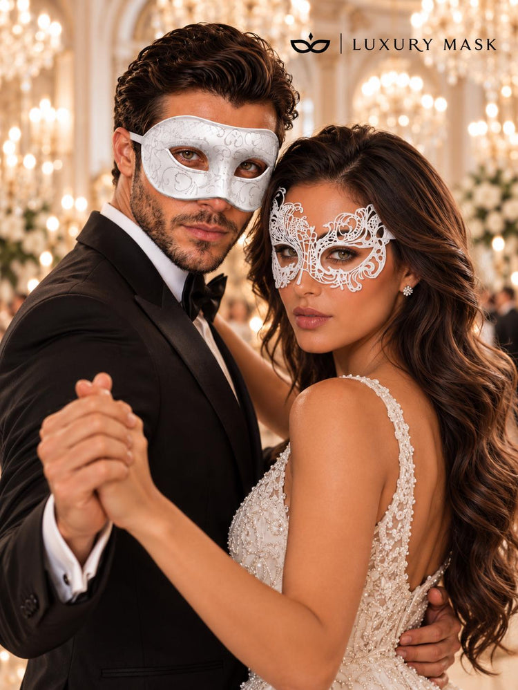 White Swan Lace Mask for Women with White Glitter Venetian Mask for Men | All White Masquerade Couple Masks - product image 5