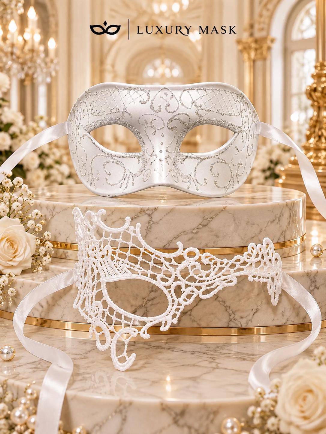 White Phantom Lace Mask for Women & White Glitter Venetian Mask for Men | Elegant All White Masquerade Set - product image 6