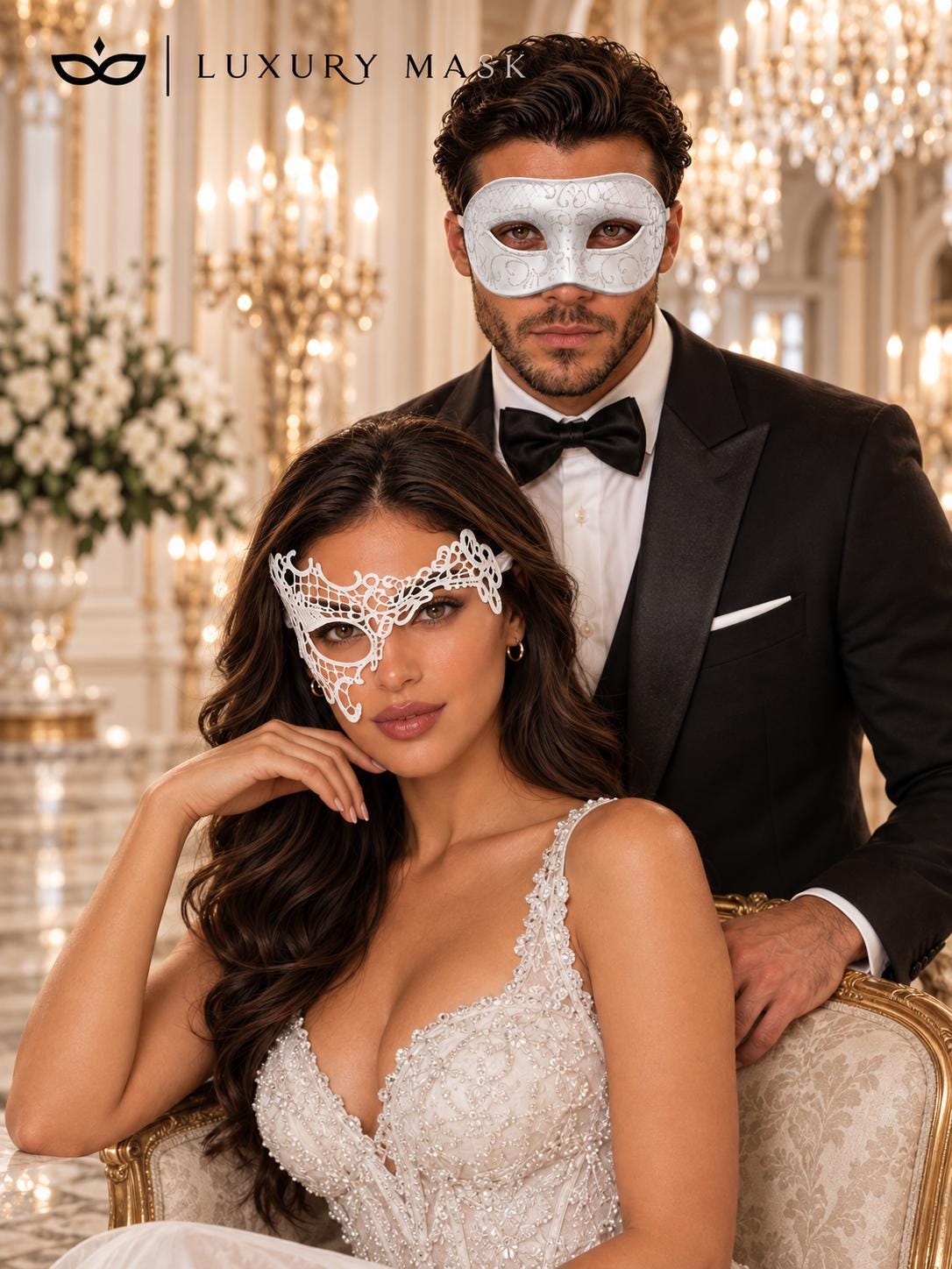 White Phantom Lace Mask for Women & White Glitter Venetian Mask for Men | Elegant All White Masquerade Set - product image 4