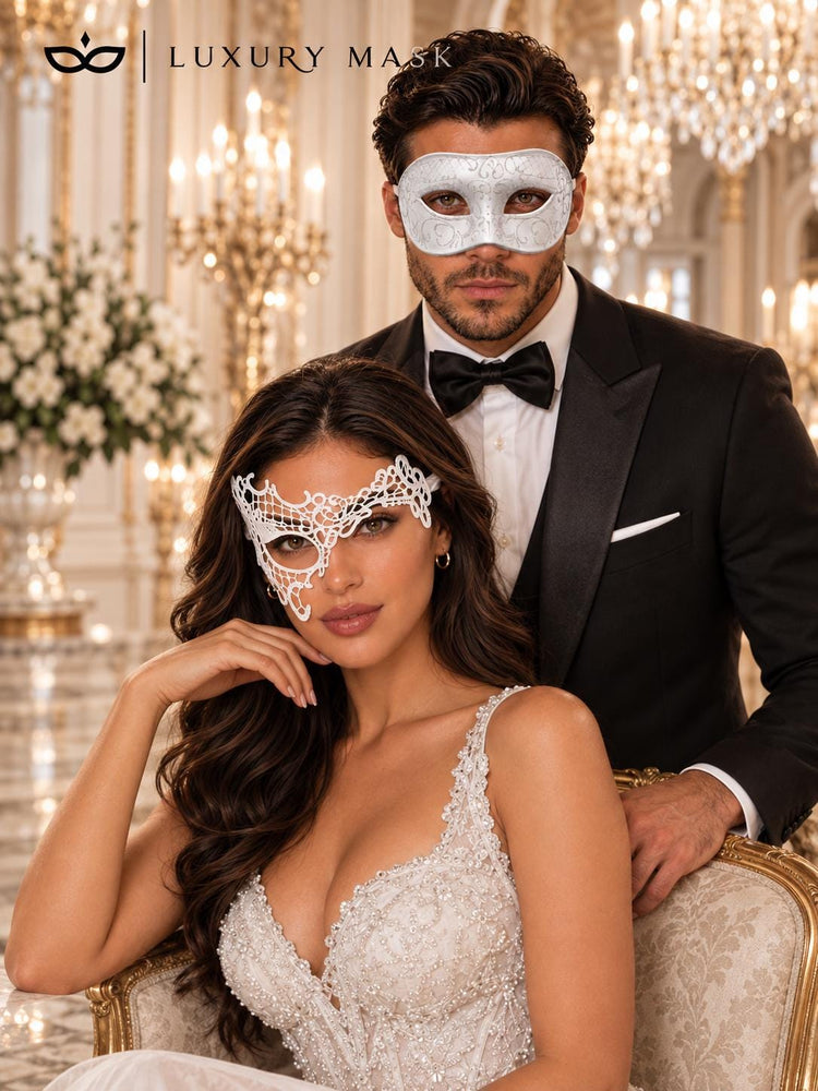 White Phantom Lace Mask for Women & White Glitter Venetian Mask for Men | Elegant All White Masquerade Set - product image 4