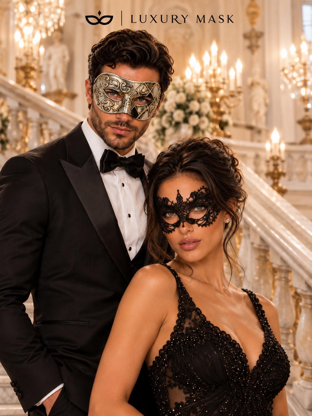 Silver & Black Antique Venetian Mask for Men with Black Lace Mask for Women | Vintage Masquerade Couple Set - product image 3