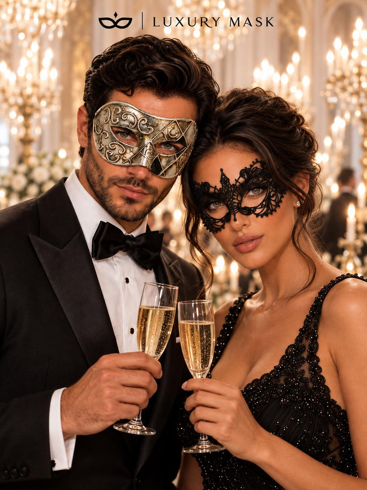 Silver & Black Antique Venetian Mask for Men with Black Lace Mask for Women | Vintage Masquerade Couple Set - product image 5