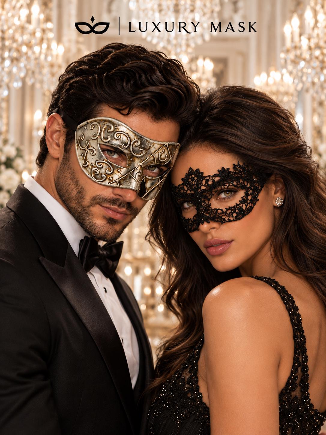 Black Flower Lace Mask for Women with Silver & Black Antique Venetian Mask for Men | Vintage Masquerade Couple Set - product image 2