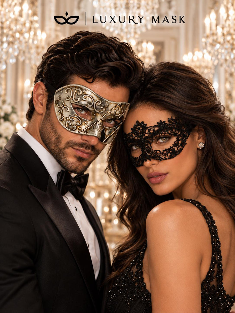 Black Flower Lace Mask for Women with Silver & Black Antique Venetian Mask for Men | Vintage Masquerade Couple Set - product image 2