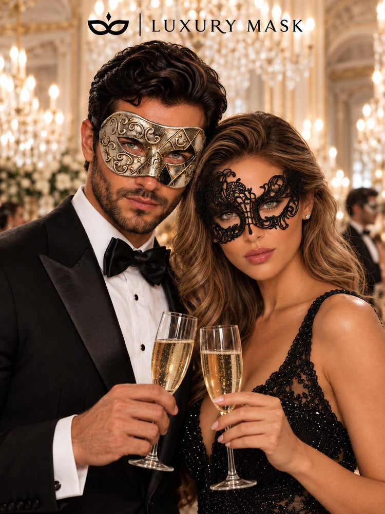 Silver Black Antique Venetian Mask for Men with Black Swan Lace Mask for Women | Couples Masquerade Masks - product image 4