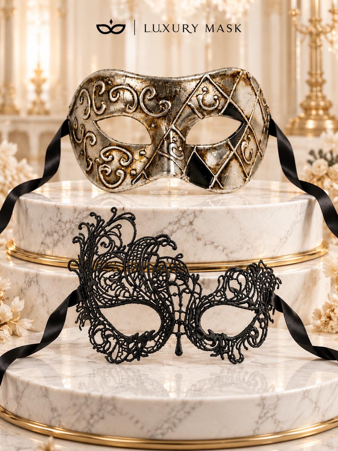 Silver Black Antique Venetian Mask for Men with Black Swan Lace Mask for Women | Couples Masquerade Masks - product image 6