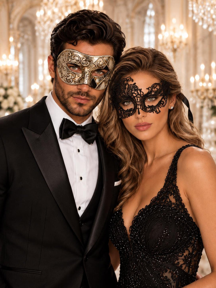 Silver Black Antique Venetian Mask for Men with Black Swan Lace Mask for Women | Couples Masquerade Masks - product image 1
