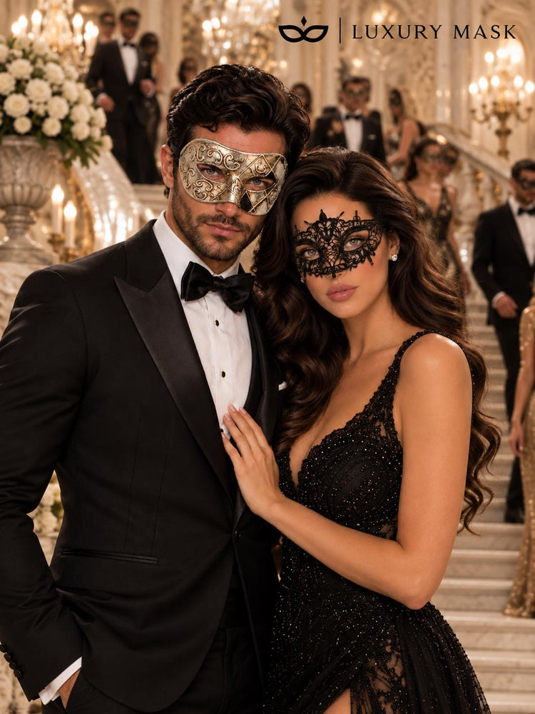 Antique Silver Black Venetian Mask for Men & Black Lace Mask for Women | Elegant His and Hers Masquerade Set - product image 5