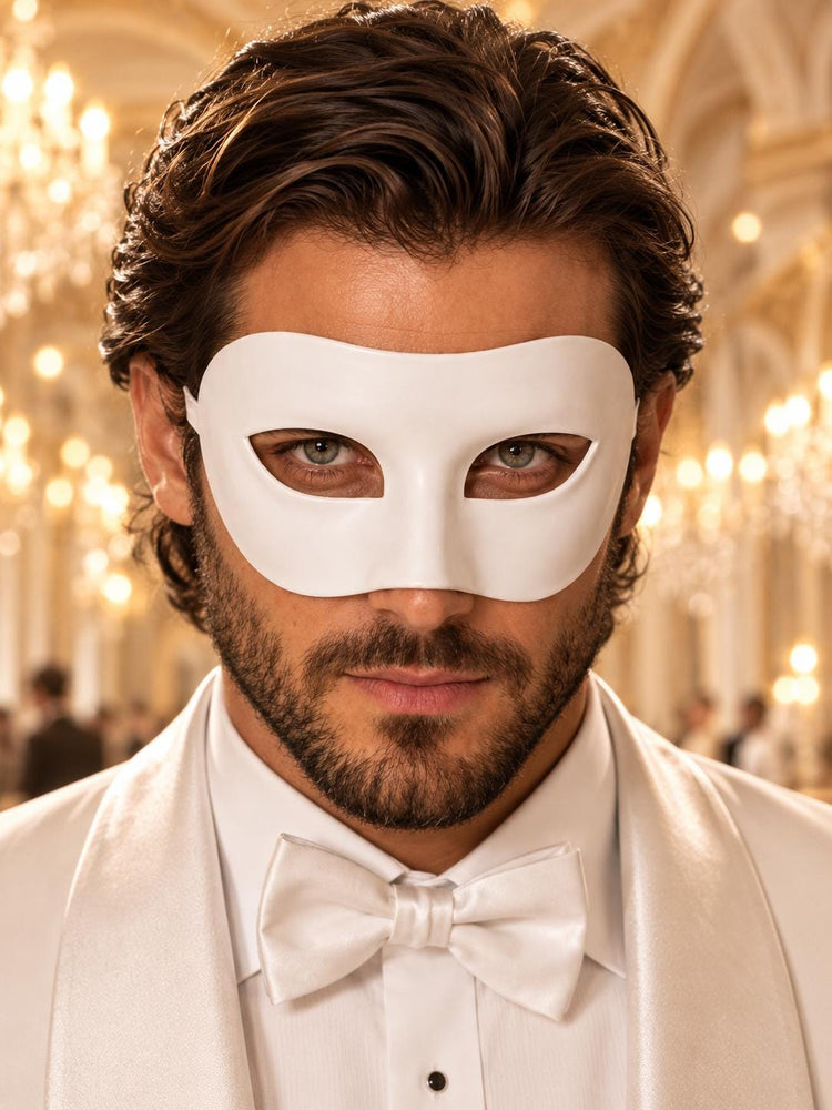 White Classic Venetian Mask for Men | Traditional Half Face Masquerade Mask for Mardi Gras, Carnival & Costume Events