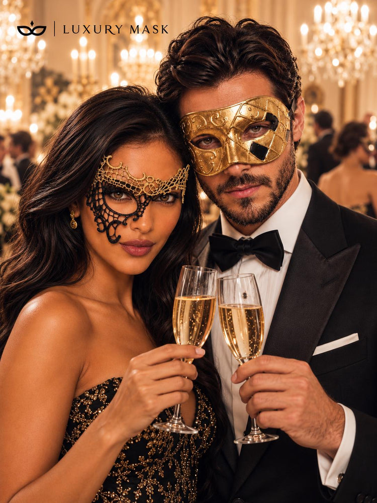Gold & Black Couples Masquerade Mask Set | Classic Gold Venetian Mask for Men and Black Gold Phantom Lace Mask for Women product view 4