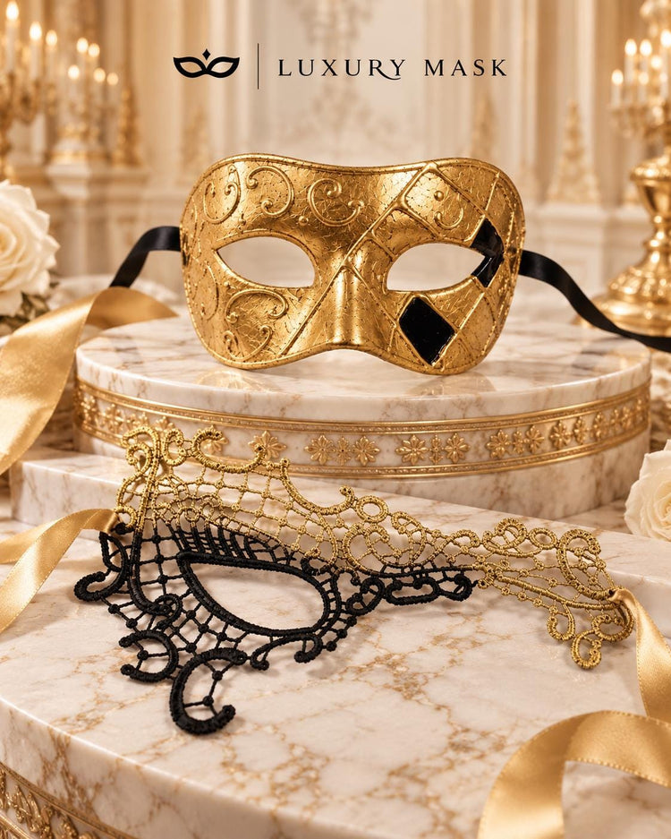 Gold & Black Couples Masquerade Mask Set | Classic Gold Venetian Mask for Men and Black Gold Phantom Lace Mask for Women product view 6
