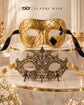 Gold Couples Venetian Masquerade Mask Set | Classic Men’s Mask & Elegant Gold Lace Mask for Women product view 6