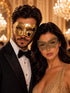 Gold Couples Venetian Masquerade Mask Set | Gold Checkered Classic Mask for Men & Ornate Gold Lace Mask for Women