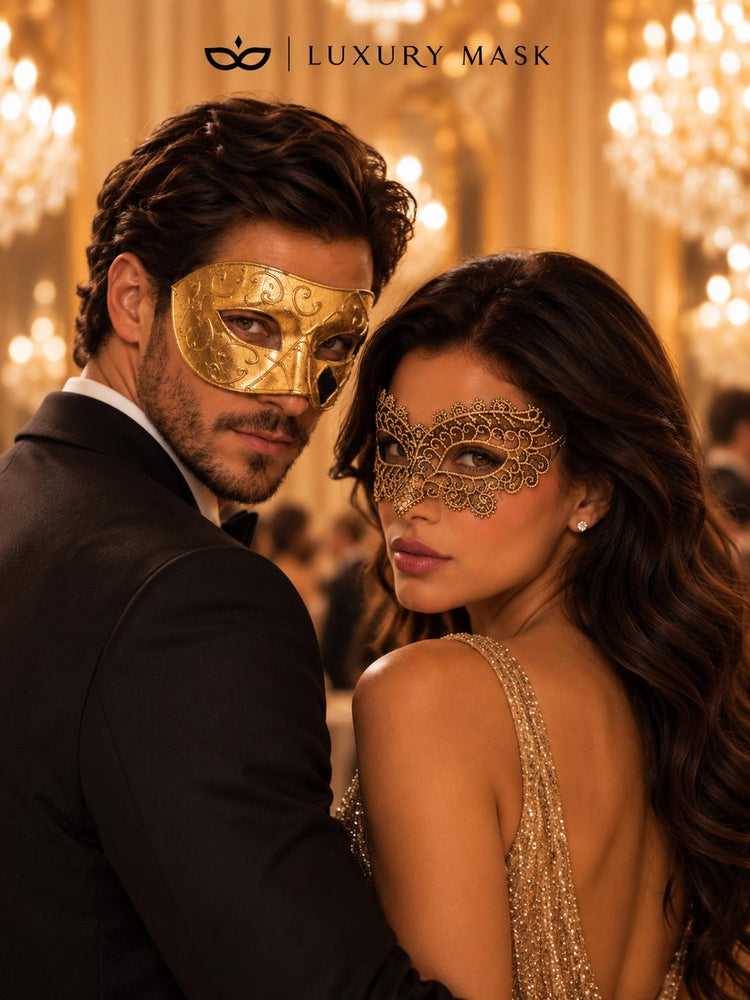 Gold Couples Venetian Masquerade Mask Set | Gold Checkered Classic Mask for Men & Ornate Gold Lace Mask for Women product view 3
