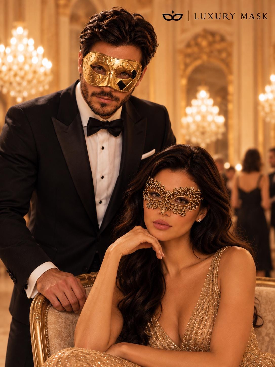 Gold Couples Venetian Masquerade Mask Set | Gold Checkered Classic Mask for Men & Ornate Gold Lace Mask for Women product view 6