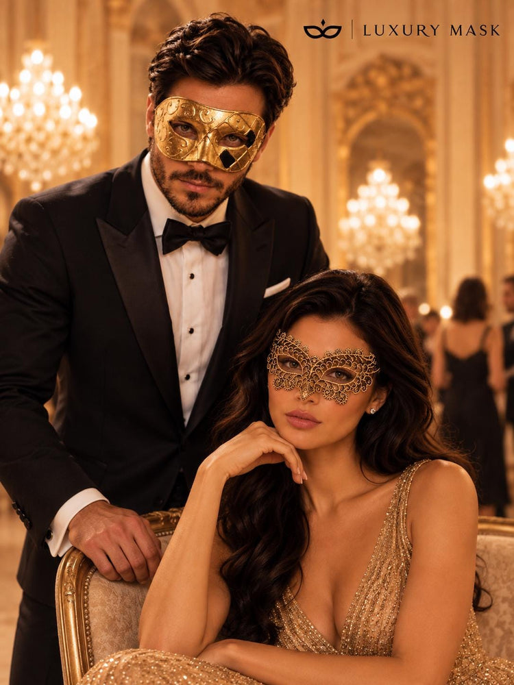 Gold Couples Venetian Masquerade Mask Set | Gold Checkered Classic Mask for Men & Ornate Gold Lace Mask for Women product view 6