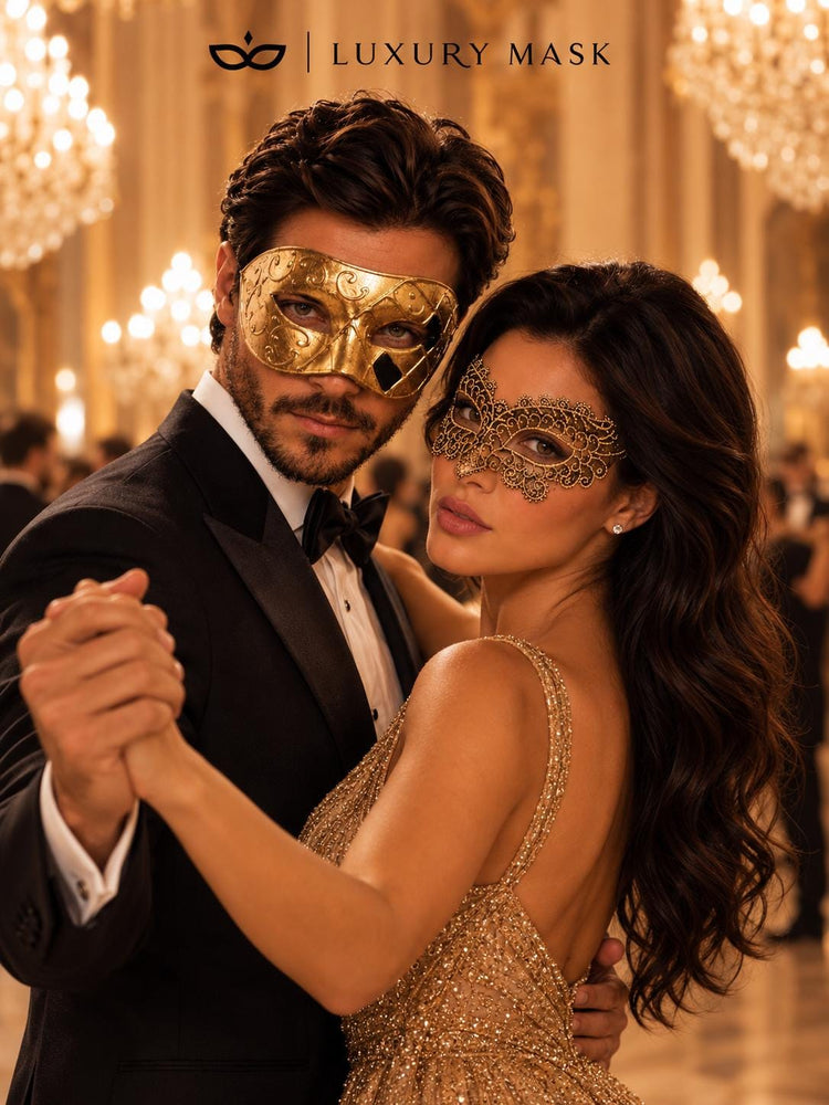 Gold Couples Venetian Masquerade Mask Set | Gold Checkered Classic Mask for Men & Ornate Gold Lace Mask for Women product view 5