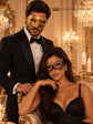 Gold & Black Couples Masquerade Mask Set | Gold Checkered Classic Venetian Mask for Men and Black Gold Lace Mask for Women product view 3