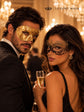 Gold & Black Couples Masquerade Mask Set | Gold Checkered Classic Venetian Mask for Men and Black Gold Lace Mask for Women product view 4