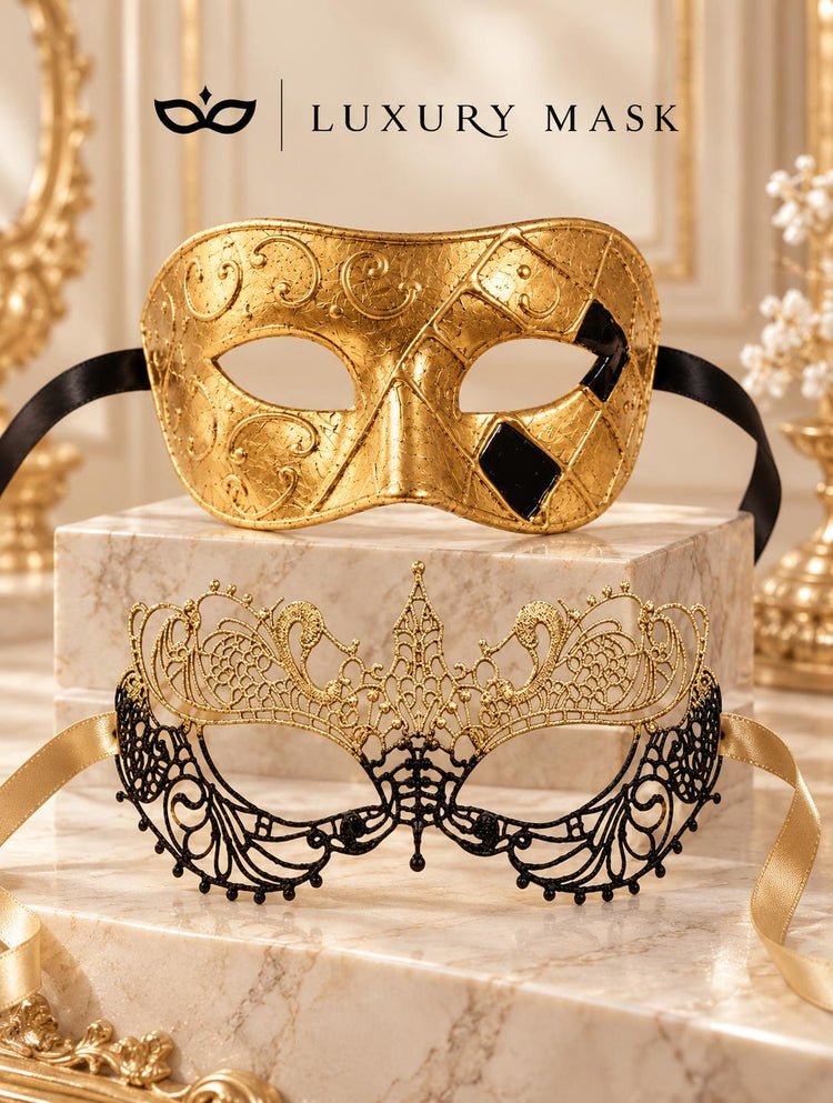 Gold & Black Couples Masquerade Mask Set | Gold Checkered Classic Venetian Mask for Men and Black Gold Lace Mask for Women product view 6