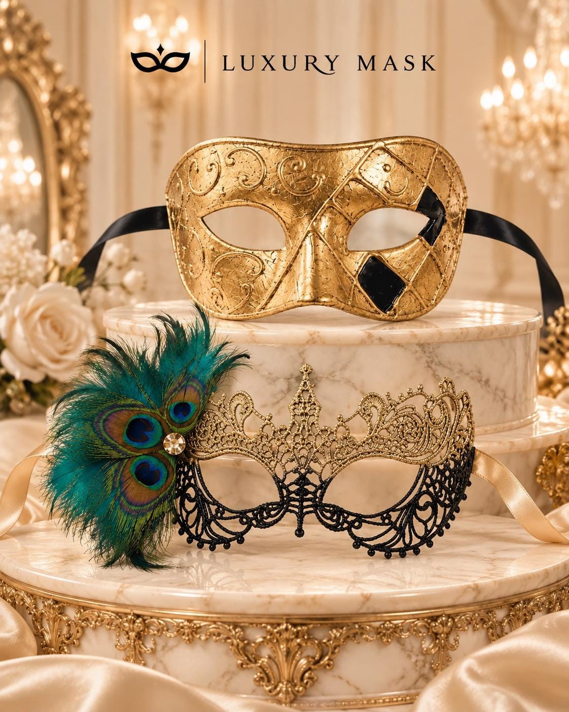 Gold Checkered Venetian Mask for Men & Black Gold Peacock Feather Lace Mask for Women | Couples Masquerade Mask Set product view 6