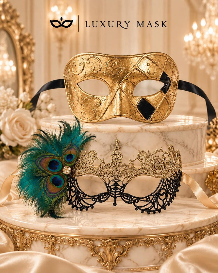 Gold Checkered Venetian Mask for Men & Black Gold Peacock Feather Lace Mask for Women | Couples Masquerade Mask Set product view 6