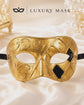 Gold & Black Couples Masquerade Mask Set | Gold Checkered Venetian Mask for Men and Black Peacock Feather Lace Mask for Women product view 8