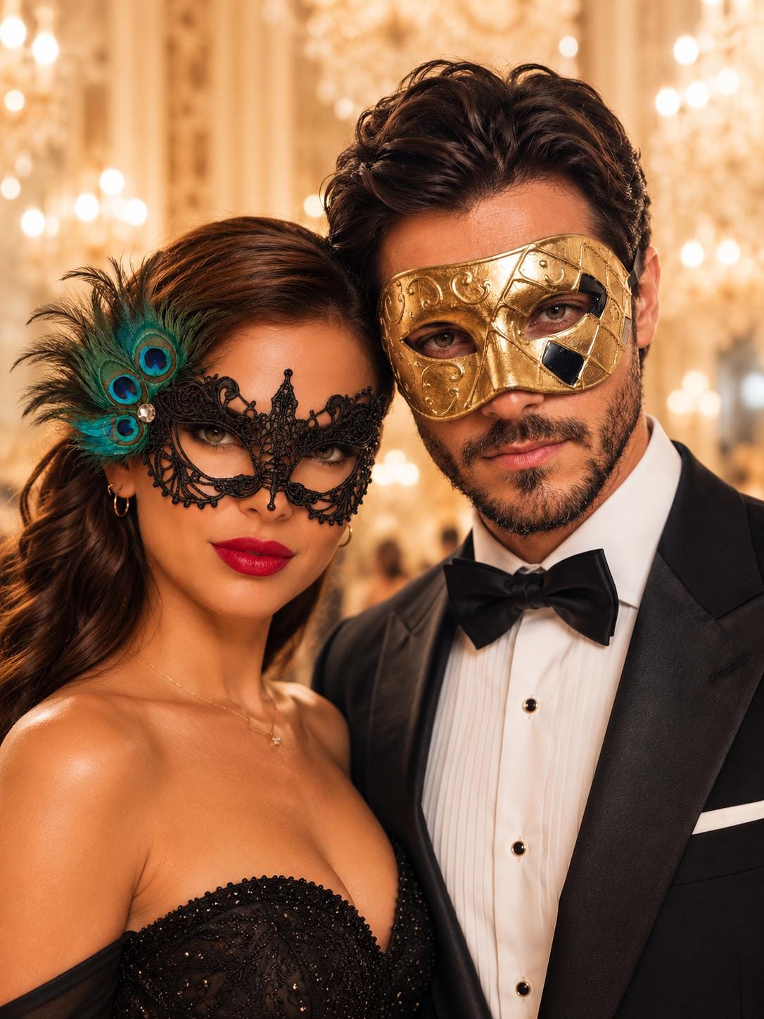 Gold & Black Couples Masquerade Mask Set | Gold Checkered Venetian Mask for Men and Black Peacock Feather Lace Mask for Women