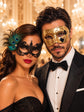 Gold & Black Couples Masquerade Mask Set | Gold Checkered Venetian Mask for Men and Black Peacock Feather Lace Mask for Women