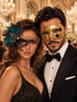 Gold & Black Couples Masquerade Mask Set | Gold Checkered Venetian Mask for Men and Black Gold Peacock Phantom Lace Mask for Women
