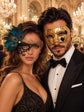 Gold & Black Couples Masquerade Mask Set | Gold Checkered Venetian Mask for Men and Black Gold Peacock Phantom Lace Mask for Women
