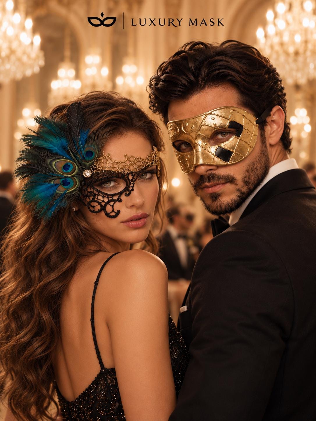 Gold & Black Couples Masquerade Mask Set | Gold Checkered Venetian Mask for Men and Black Gold Peacock Phantom Lace Mask for Women product view 4