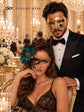 Gold & Black Couples Masquerade Mask Set | Gold Checkered Venetian Mask for Men and Black Gold Peacock Phantom Lace Mask for Women product view 3