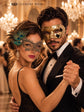 Gold & Black Couples Masquerade Mask Set | Gold Checkered Venetian Mask for Men and Black Gold Peacock Feather Lace Mask for Women product view 5