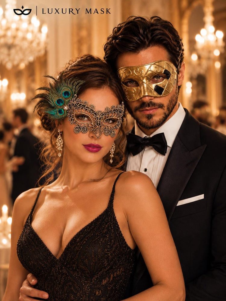 Gold & Black Couples Masquerade Mask Set | Gold Checkered Venetian Mask for Men and Black Gold Peacock Feather Lace Mask for Women product view 2