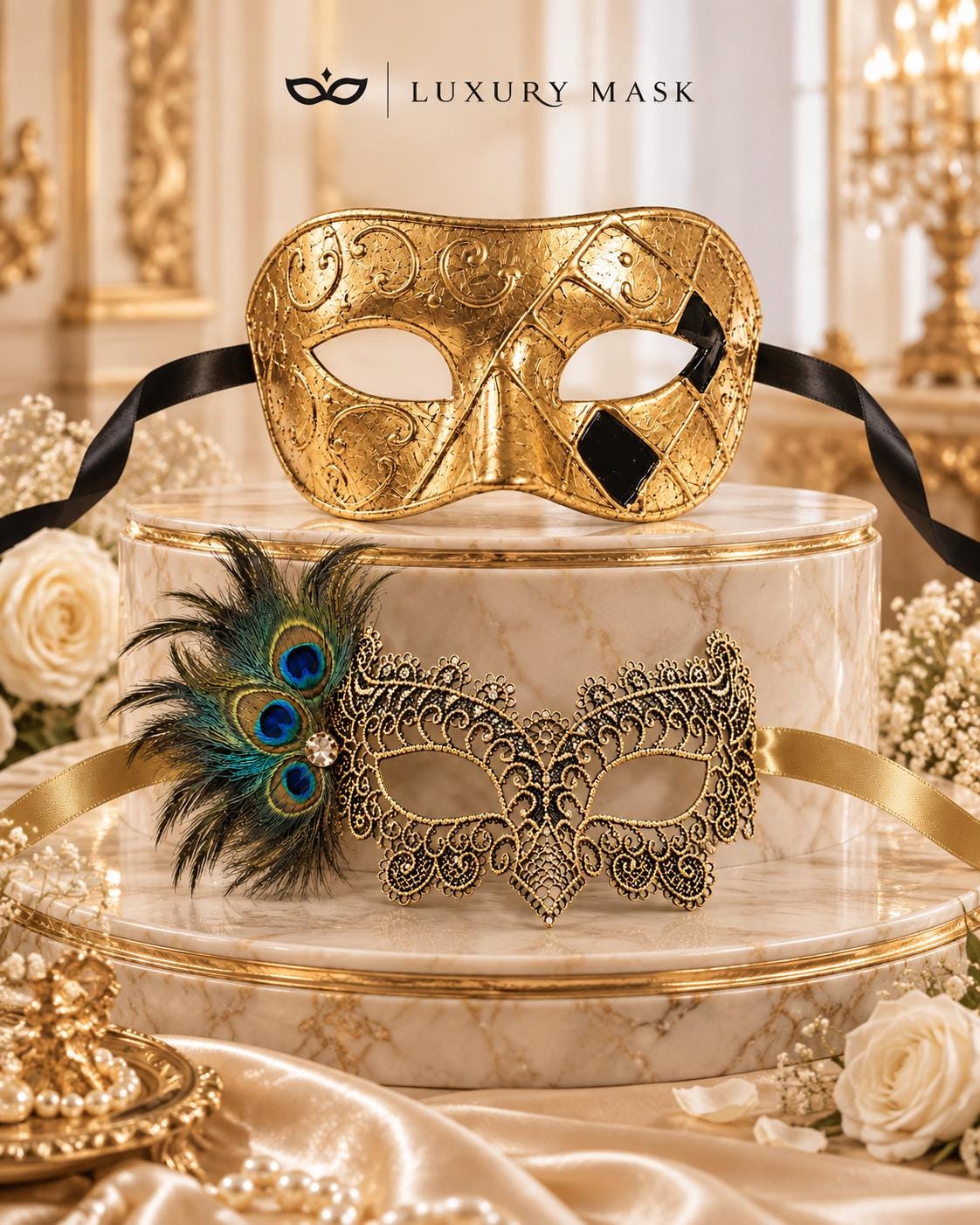 Gold & Black Couples Masquerade Mask Set | Gold Checkered Venetian Mask for Men and Black Gold Peacock Feather Lace Mask for Women product view 6