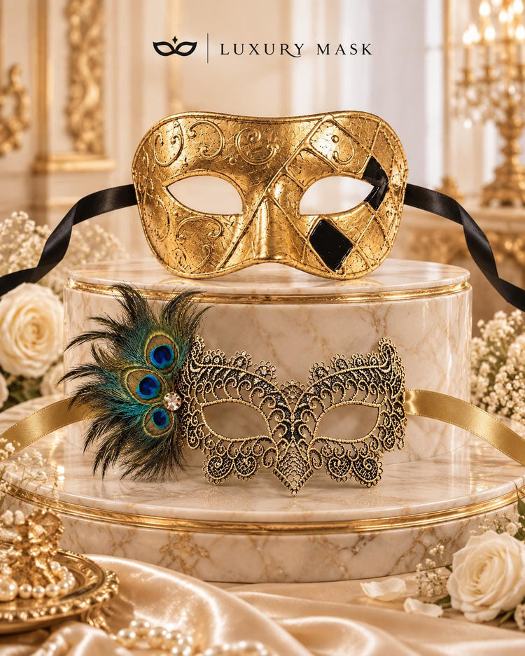 Gold & Black Couples Masquerade Mask Set | Gold Checkered Venetian Mask for Men and Black Gold Peacock Feather Lace Mask for Women product view 6
