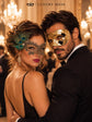 Gold & Black Couples Masquerade Mask Set | Gold Checkered Venetian Mask for Men and Black Gold Peacock Feather Lace Mask for Women product view 3