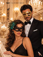 Gold Checkered Venetian Mask for Men & Black Peacock Feather Lace Mask for Women | Couples Masquerade Mask Set product view 4