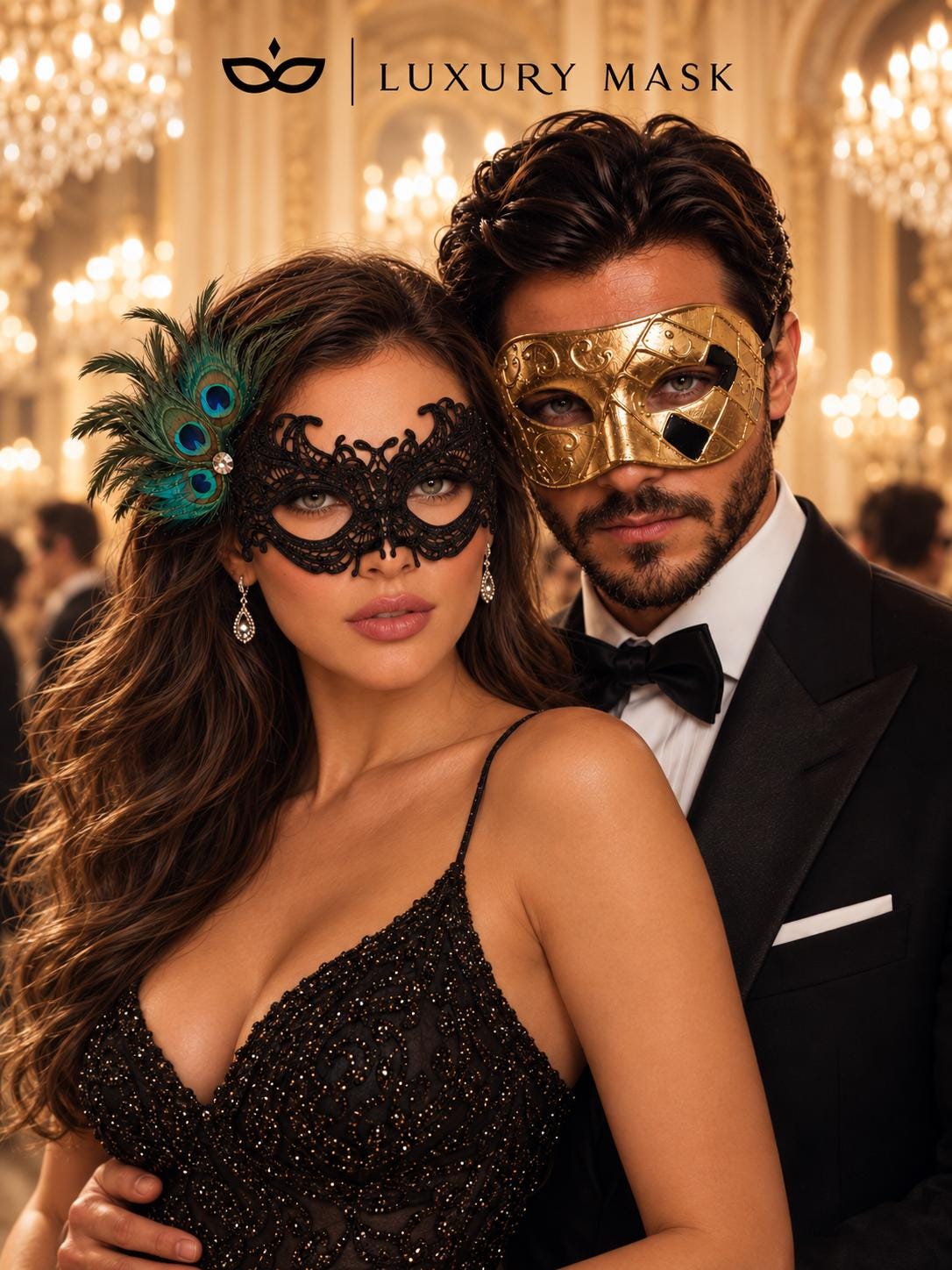 Gold Checkered Venetian Mask for Men & Black Peacock Feather Lace Mask for Women | Couples Masquerade Mask Set product view 2