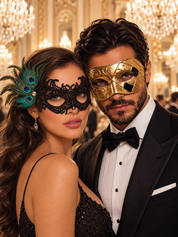 Gold Checkered Venetian Mask for Men & Black Peacock Feather Lace Mask for Women | Couples Masquerade Mask Set