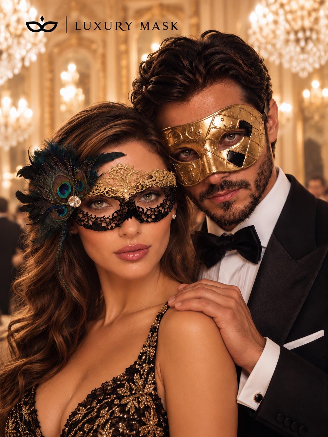 Gold & Black Peacock Couples Masquerade Mask Set | Gold Checkered Venetian Mask for Men and Flower Lace Feather Mask for Women product view 3
