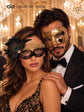 Gold & Black Peacock Couples Masquerade Mask Set | Gold Checkered Venetian Mask for Men and Flower Lace Feather Mask for Women product view 3