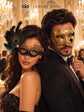 Gold & Black Couples Masquerade Mask Set | Gold Checkered Venetian Mask for Men and Black Gold Lace Mask with Peacock Feathers for Women product view 3