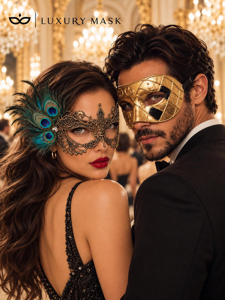 Gold Couples Masquerade Mask Set | Checkered Venetian Mask for Men & Peacock Feather Lace Mask for Women product view 3
