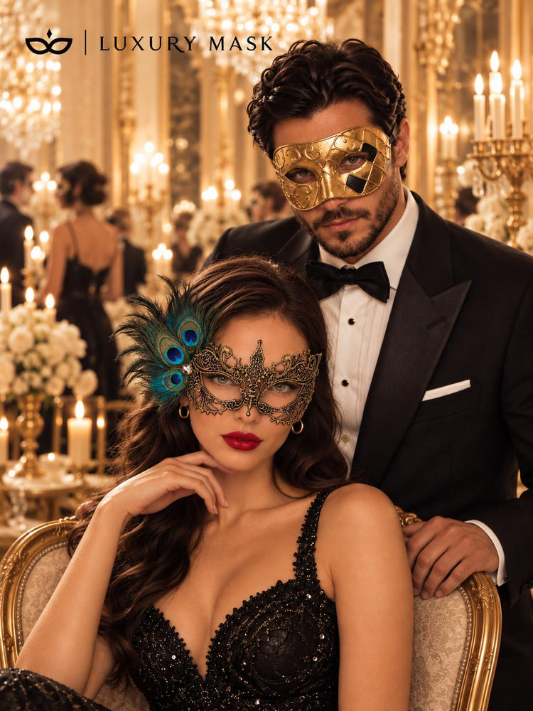 Gold Couples Masquerade Mask Set | Checkered Venetian Mask for Men & Peacock Feather Lace Mask for Women product view 5