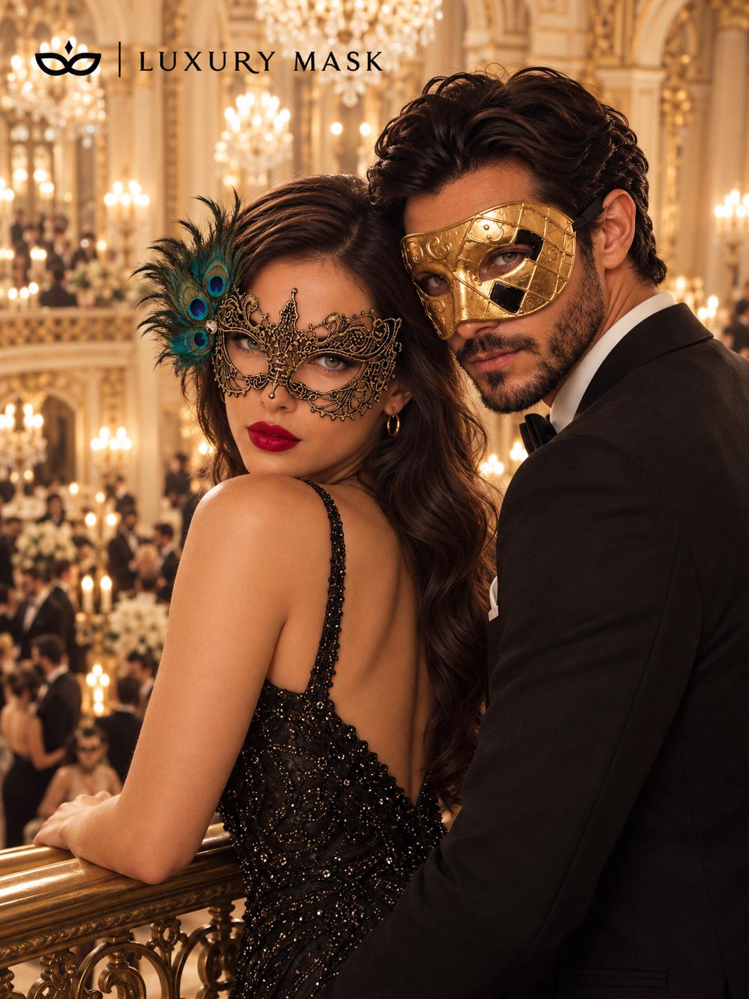 Gold Couples Masquerade Mask Set | Checkered Venetian Mask for Men & Peacock Feather Lace Mask for Women product view 4